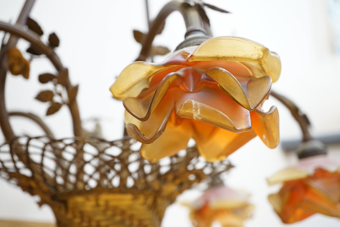 A gilt metal ‘basket of flowers’ electrolier and a similar smaller example. Condition - not tested